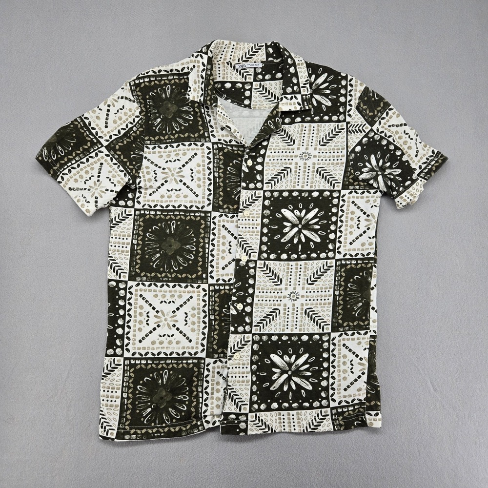 Zara Men‎ M Block Print Patchwork Short Sleeve Camp Collar Button Up Shirt NWOT